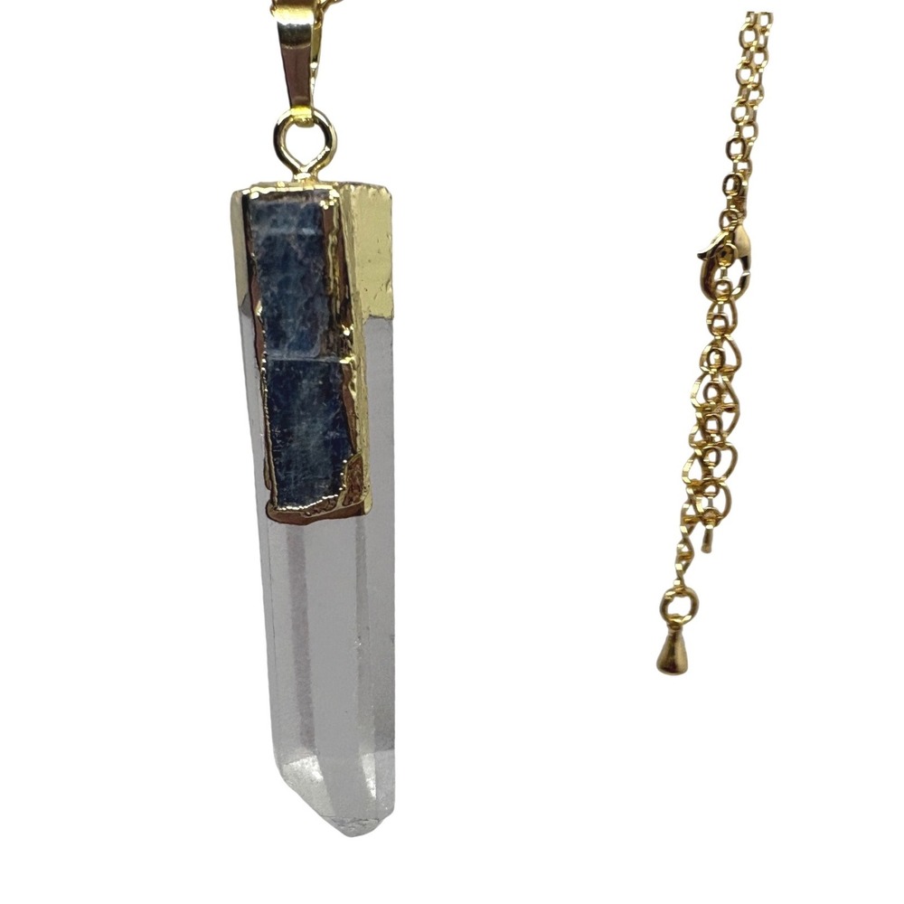 Raw Clear Quartz Point Blue Kyanite Gold Tone Pendant 18" Necklace Boho Crystal